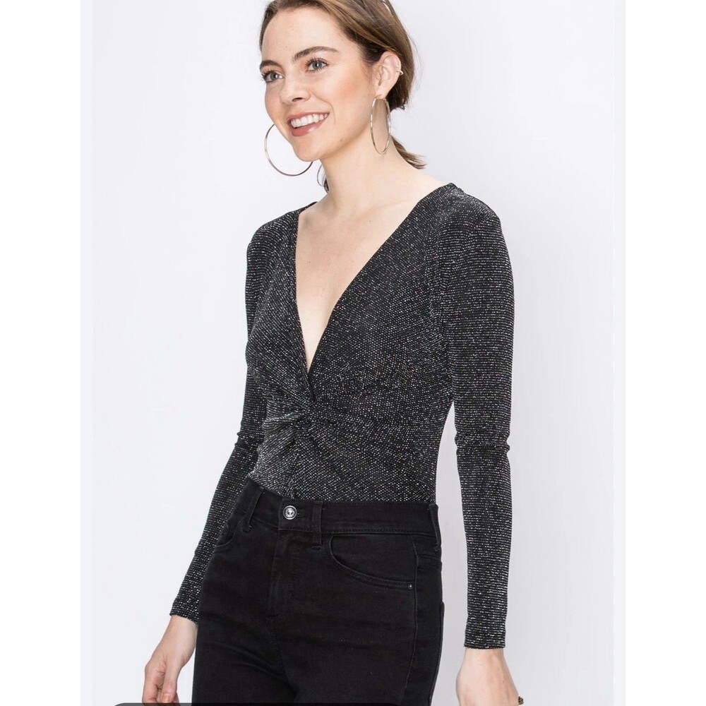 Leith NWT Black Sparkle Shimmer Glitter Bodysuit Long Sleeve V Neck Size Small